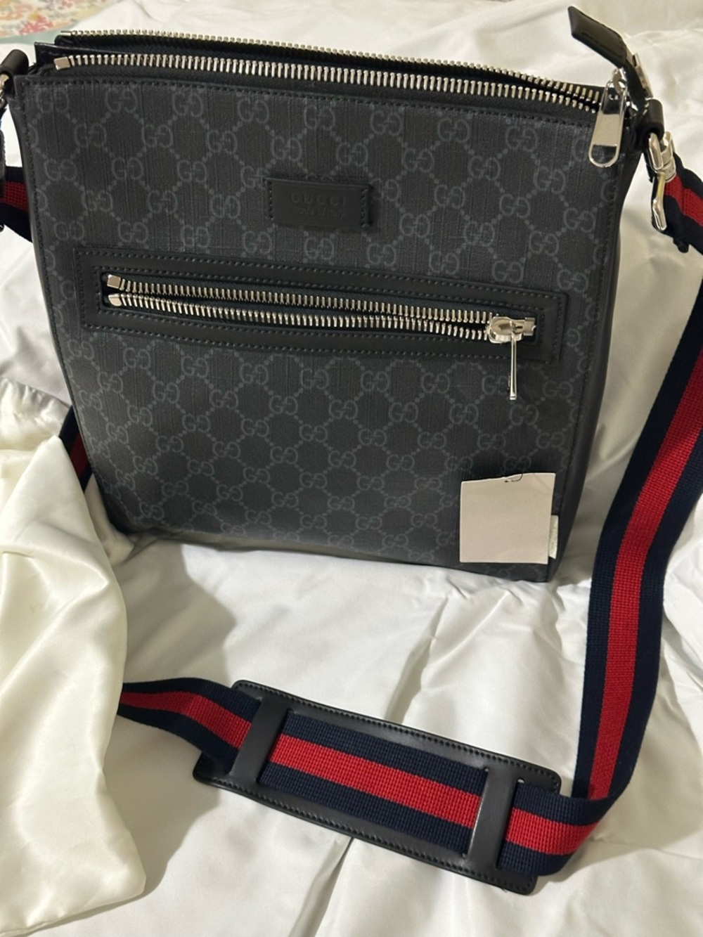 NEW: Gucci Black GG Supreme Messenger Bag with Red and Blue Web Strap